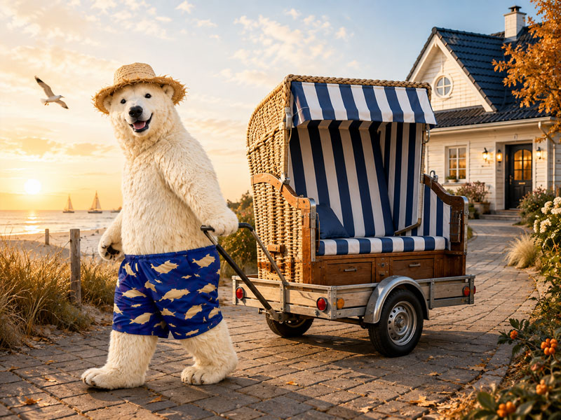 Eisbär entspannt mit Cocktail und Zielflagge im Strandkorb